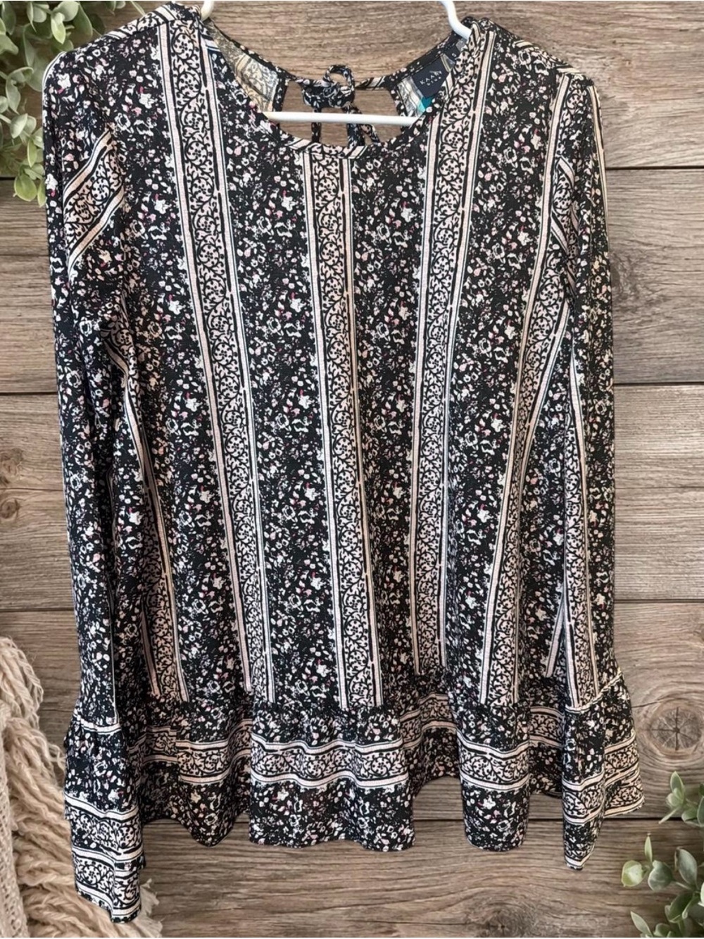 Kaari Blue Black Floral Stripe Ruffle-Hem Tunic
